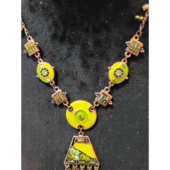 Vintage Green Rhinestone Fringe Necklace Copper Tone Boho Statement Jewelry - Picture 4 of 7